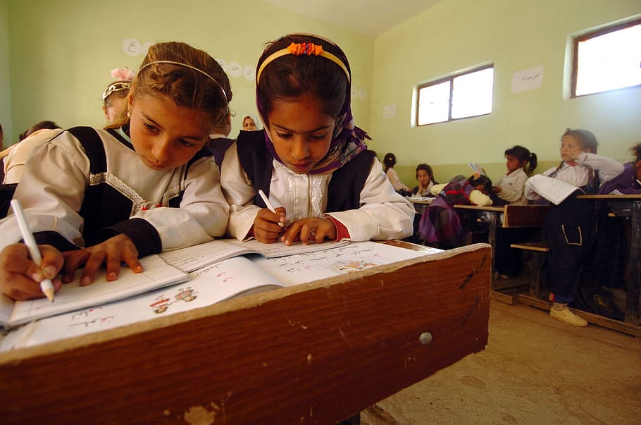 two girl's writing, iraq, children, school, learning, education HD wallpaper