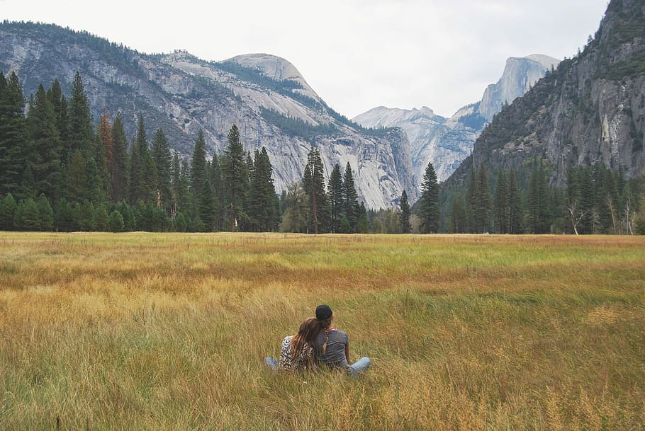 two person sitting on grass field facing alps across the forest during daytime HD wallpaper