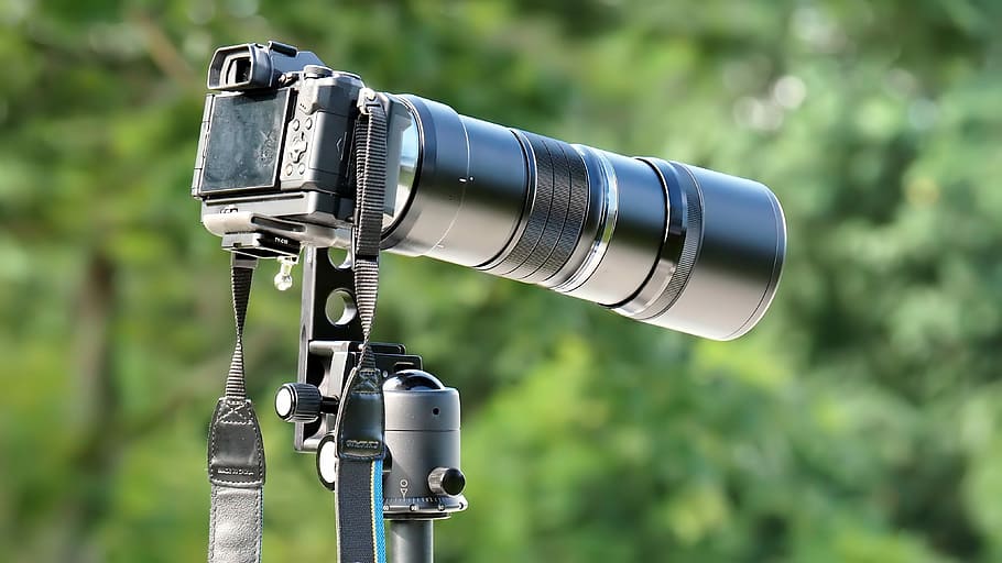 black DSLR camera with telephoto lens, outdoors, equipment HD wallpaper