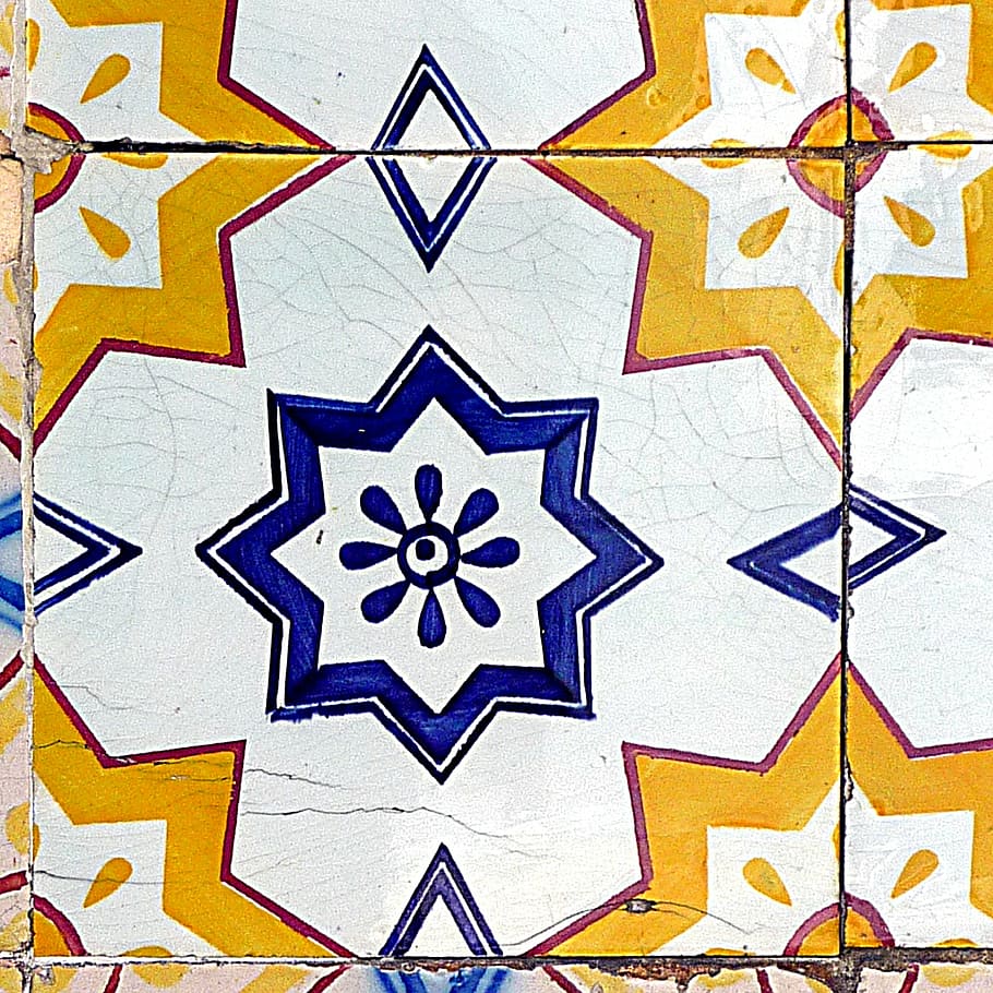earthenware, tile, blue, yellow, red, portugal, wall, decoration HD wallpaper
