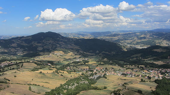 aerial photography of mountain and houses, italy, view, emilia-romagna HD wallpaper