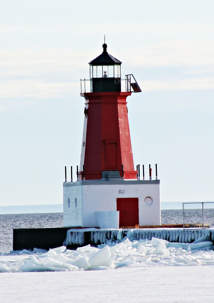 lighthouse, ice, snow, sea, beacon, nature, sky, built structure HD wallpaper