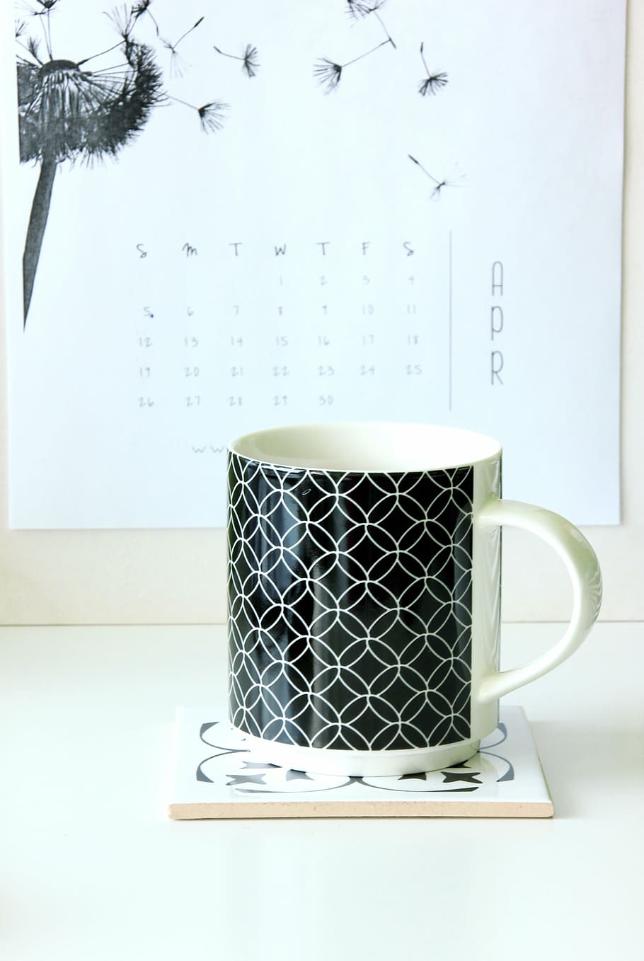 white and black ceramic mug on white coaster, work desk, calendar HD wallpaper