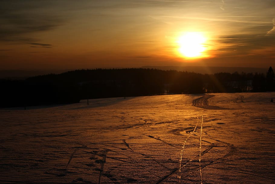 sunset, snow, mountains, sky, orange color, scenics - nature HD wallpaper