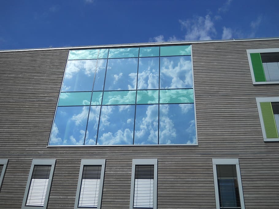 mirror image, sky, building, reflections, architecture, modern HD wallpaper