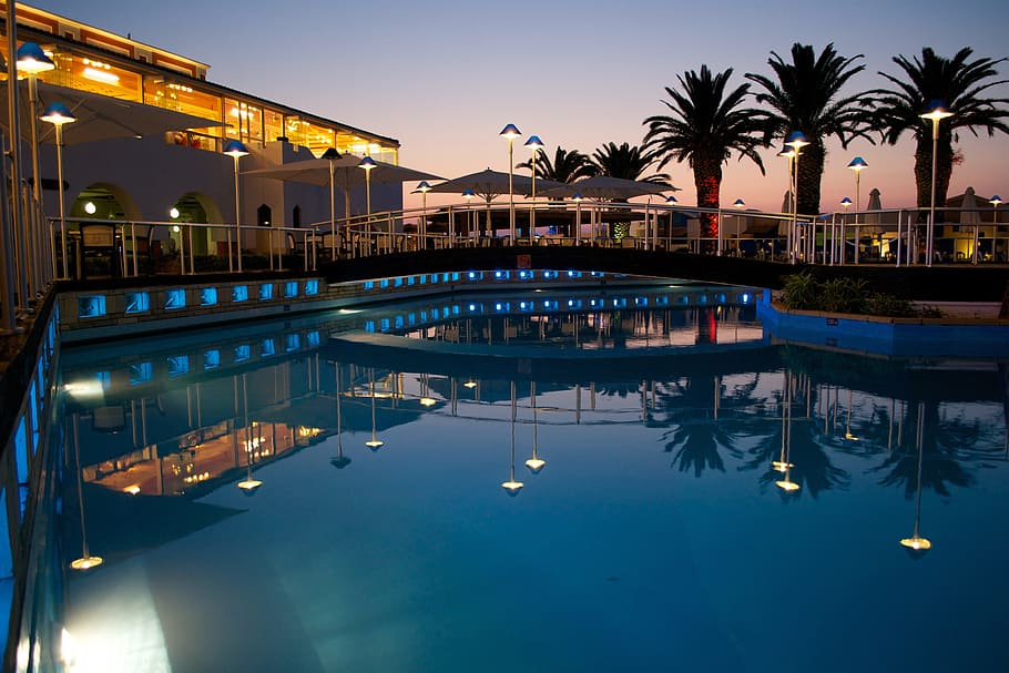 blue swimming pool, hotel, reflection, palm tree, crete, water HD wallpaper