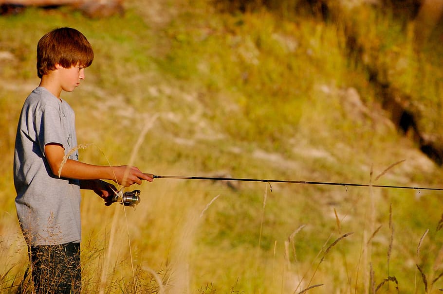 boy holding fishing rod, patience, little boy, casting, nature, HD wallpaper