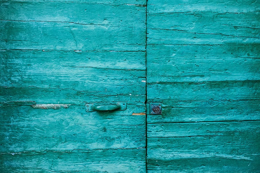 closed teal wooden door, blue wooden door, green, barn, building HD wallpaper