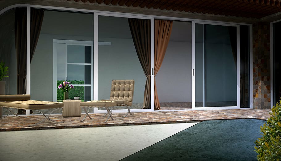 brown curtain on clear glass window, villa, terrace, garden, furniture
