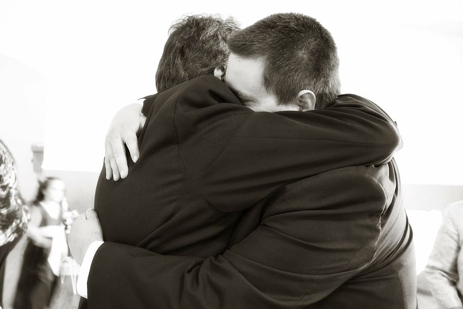 men wearing suit hugging, father, son, family, embracing, wedding, HD wallpaper