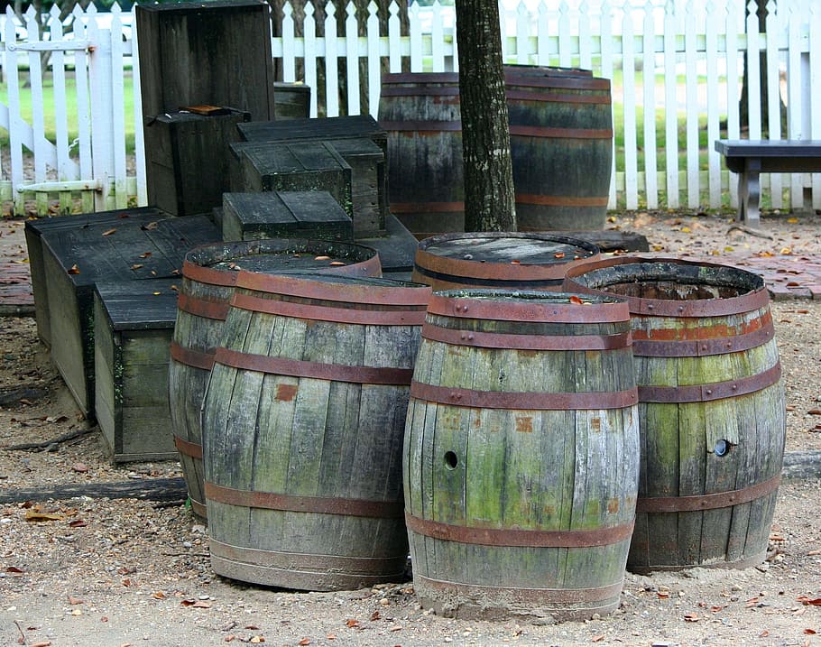 five green wooden barrels, cylindrical, boxes, casks, old, rusty HD wallpaper