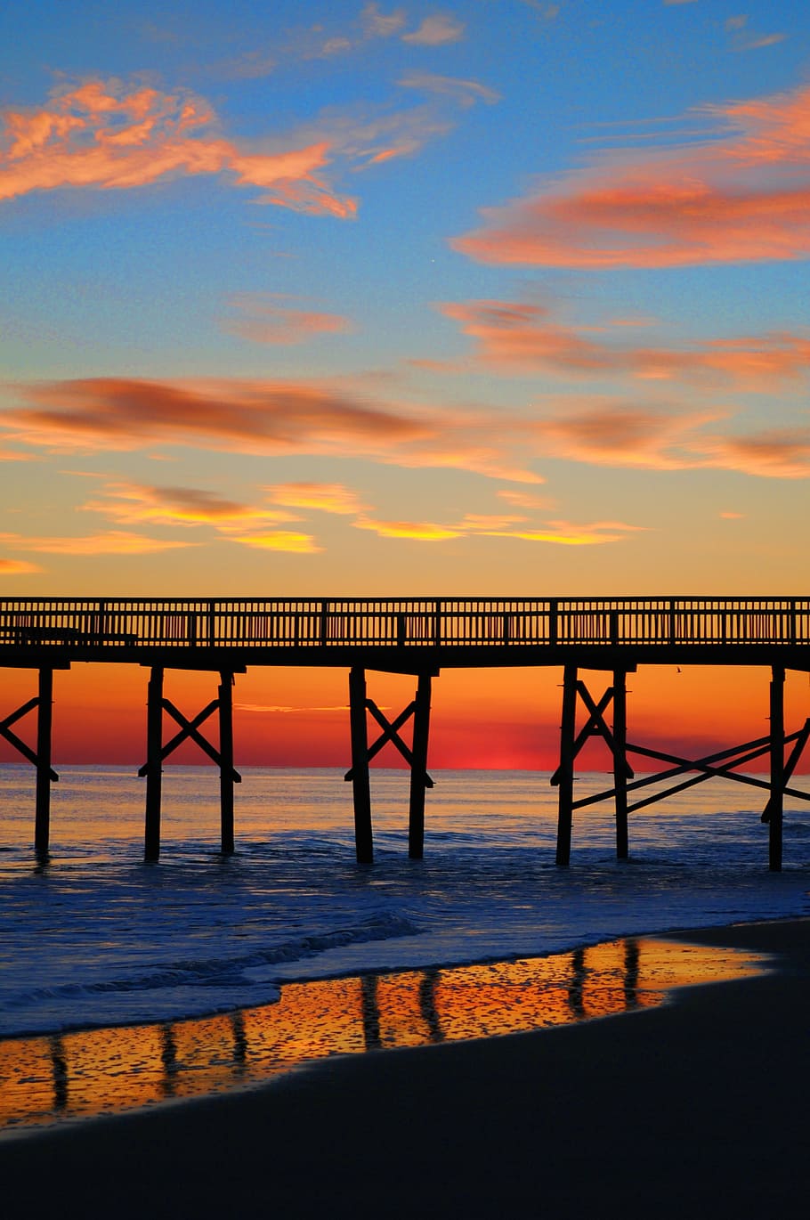 brown wooden dock at golden hour, sunset, beach, pier, orange color HD wallpaper