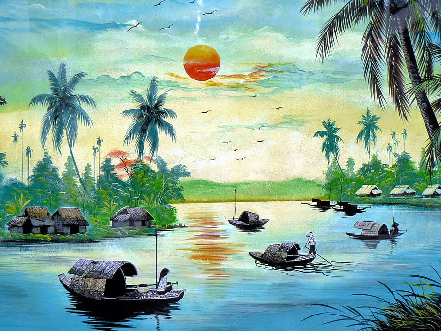 viet nam, table, landscape, typical, water, nautical vessel, HD wallpaper