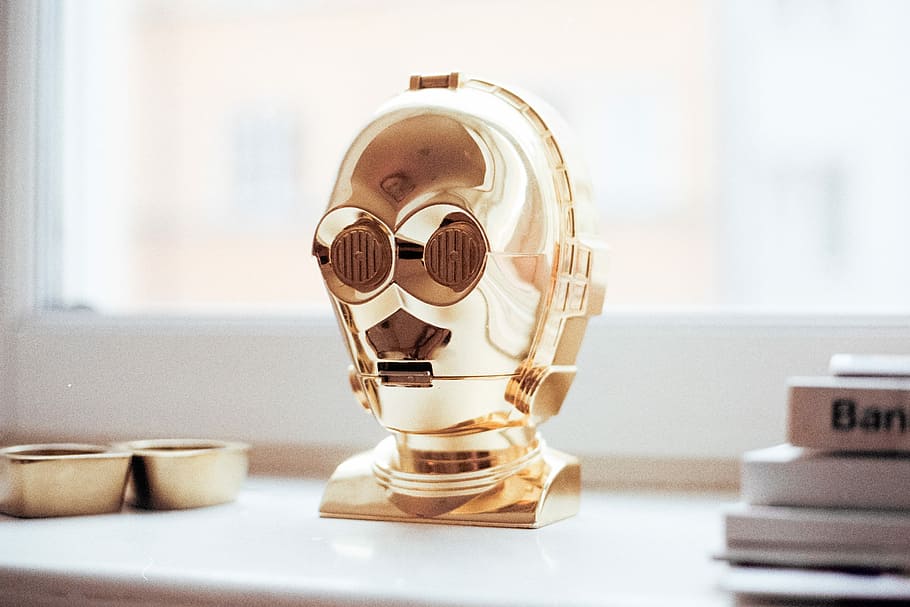 C-3PO decor on white surface, gold-colored C3-PO figure, toy, HD wallpaper