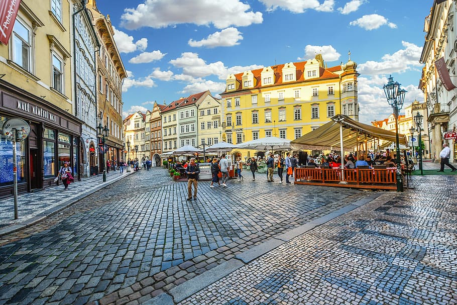 people at plaza surrounded with buildings, prague, old town HD wallpaper