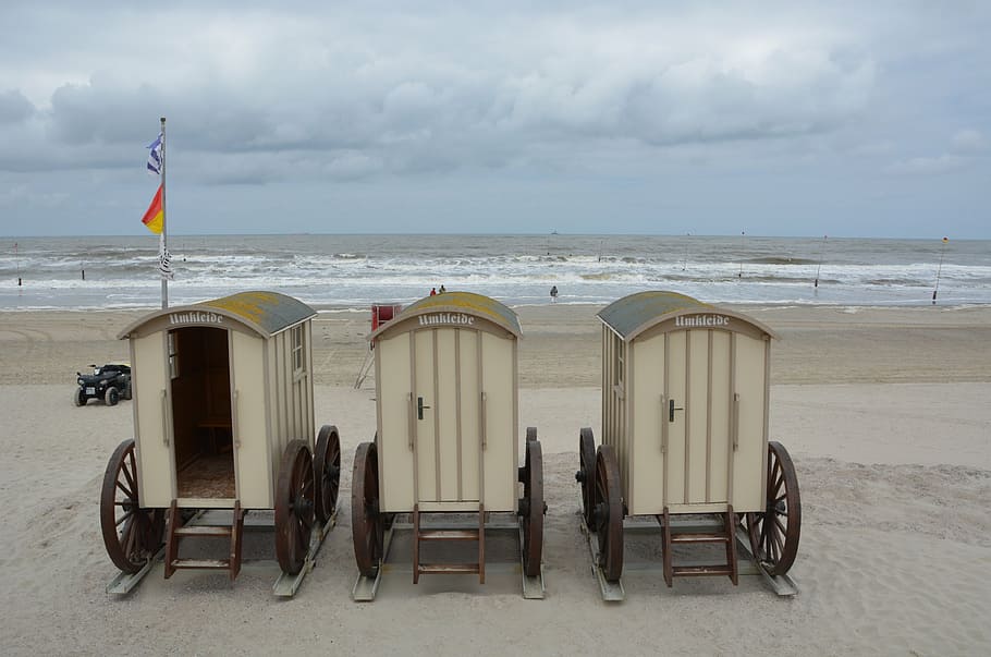 norderney, north sea, beach, sand, changing room, land, sky, HD wallpaper