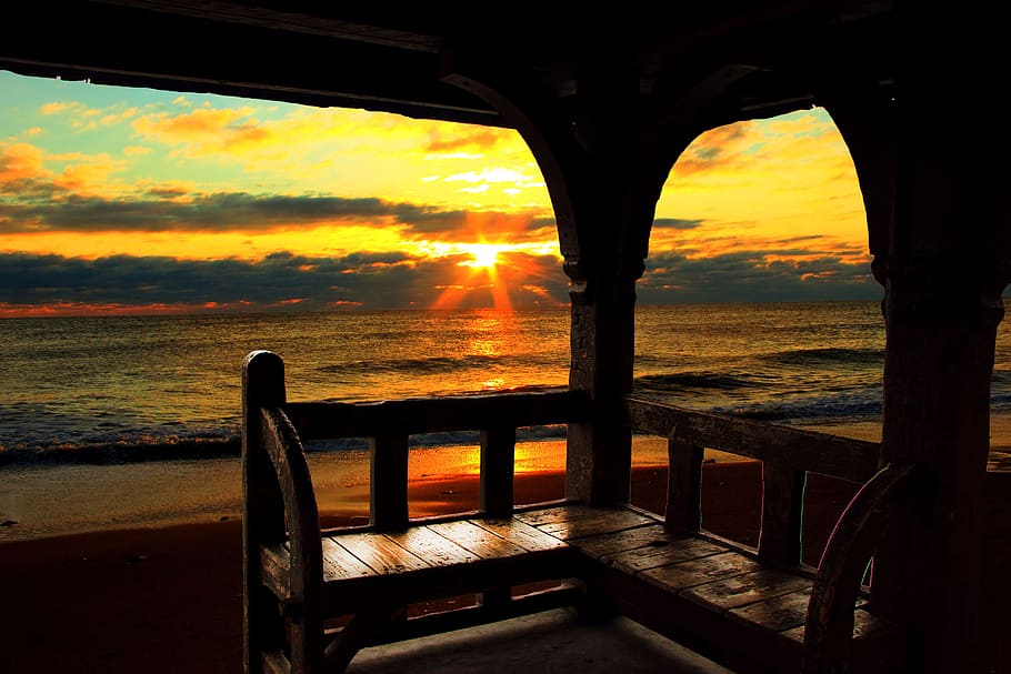 sea near house during sunset, sunrise, chair, ocean, beach chair, HD wallpaper
