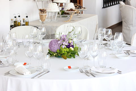 fine dining dinnerware set on white tablecloth covered table HD wallpaper