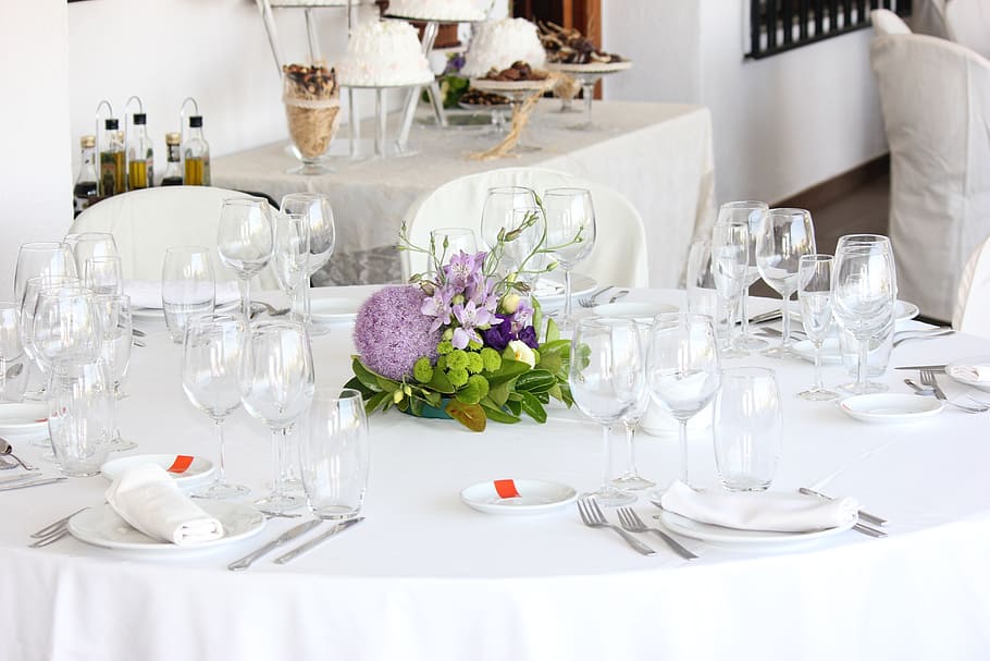 fine dining dinnerware set on white tablecloth covered table HD wallpaper