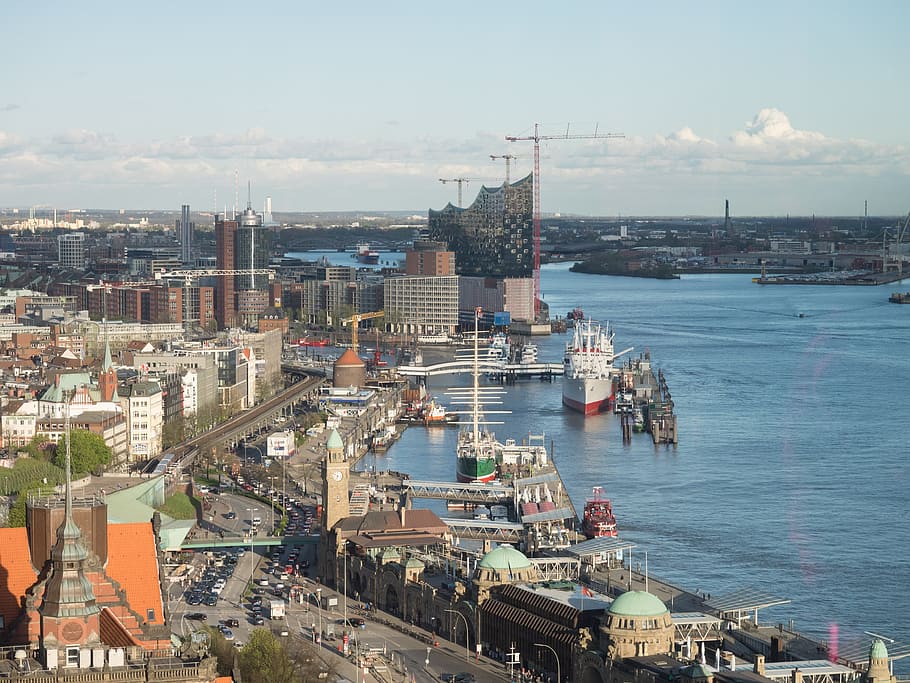 ship and boats near seashore and buildings, Hamburg, Port, Germany