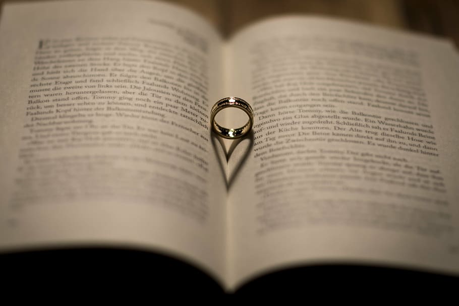 silver-colored ring on whit opened book, wedding, shadow, wedding ring HD wallpaper