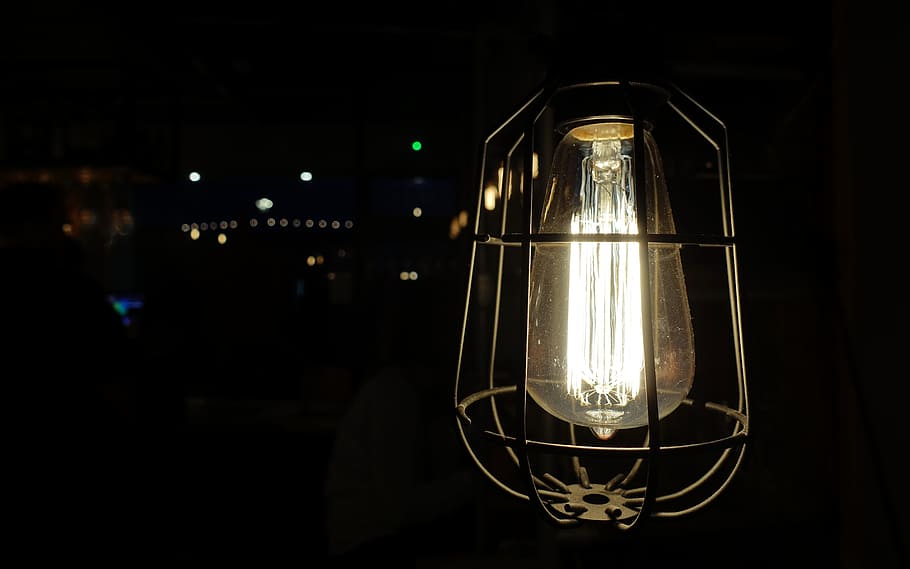 lightbulb with black steel frame, lamp, filament, incandescent, HD wallpaper