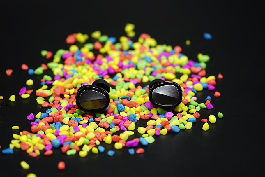 bluetooth headset, headphones, multi colored, sweet food, close-up HD wallpaper