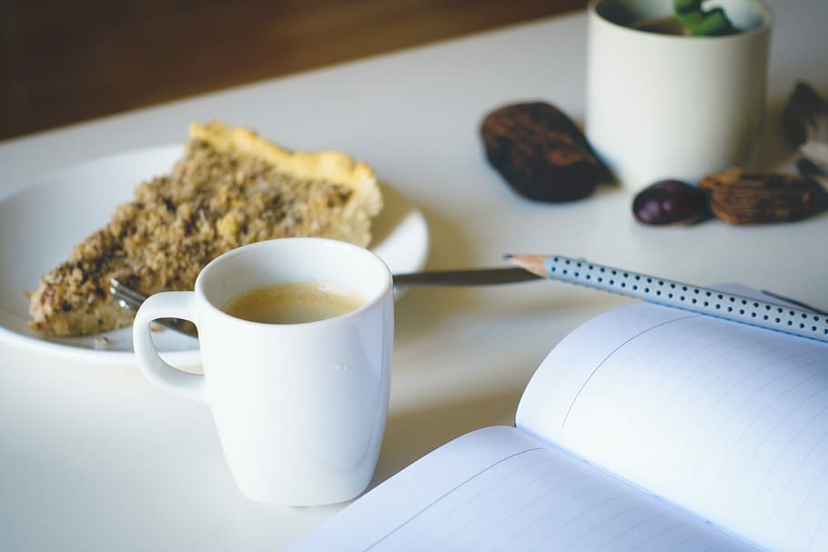 Journaling with cake and coffee, drink, espresso, white background HD wallpaper