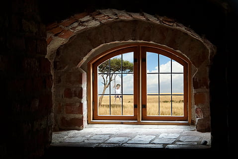 brown block interior with window, recess, clouds, landscape HD wallpaper