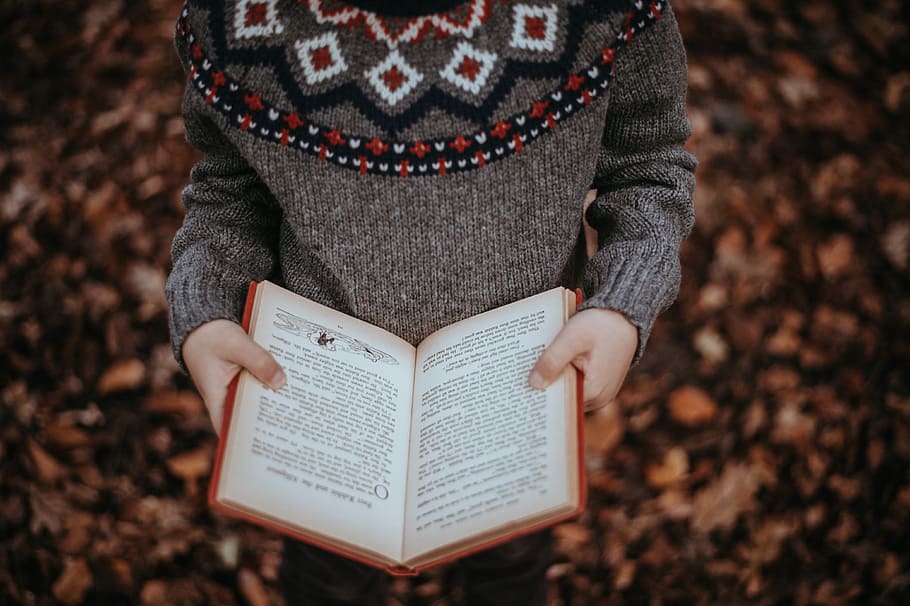 Child reading a book, person holding opened book, hand, forest HD wallpaper