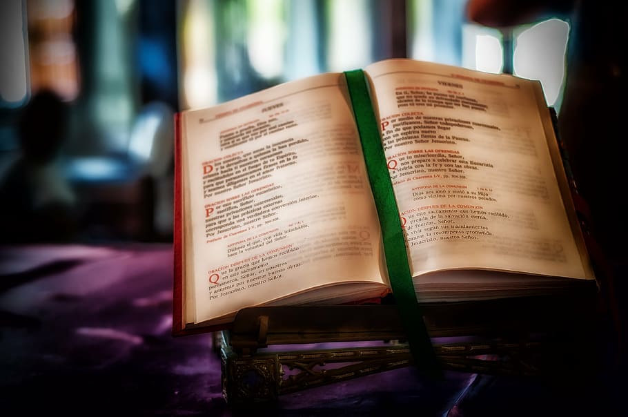 opened bible with green bookmark, church, faith, religion, inside, HD wallpaper