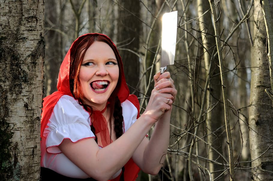 red riding hood on brown trees, rotkäppchen, fairy tales, forest