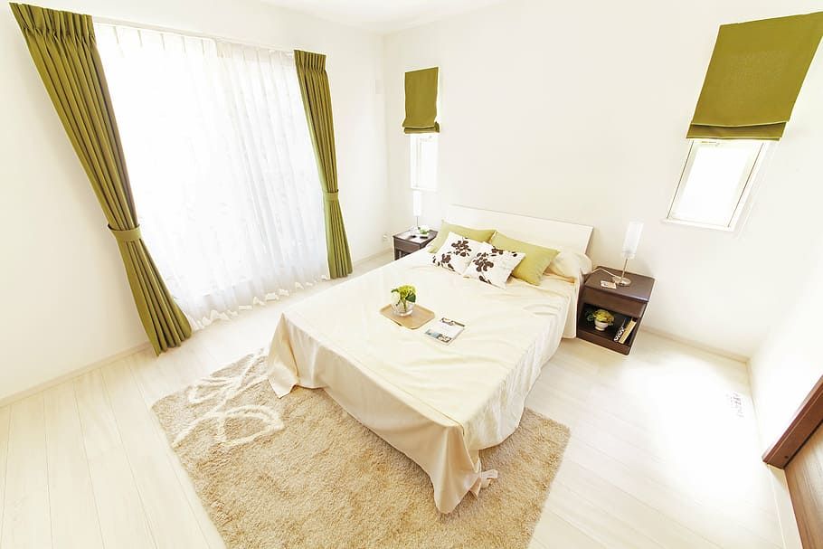 bed with headboard and beige comforter in room, housing, home HD wallpaper