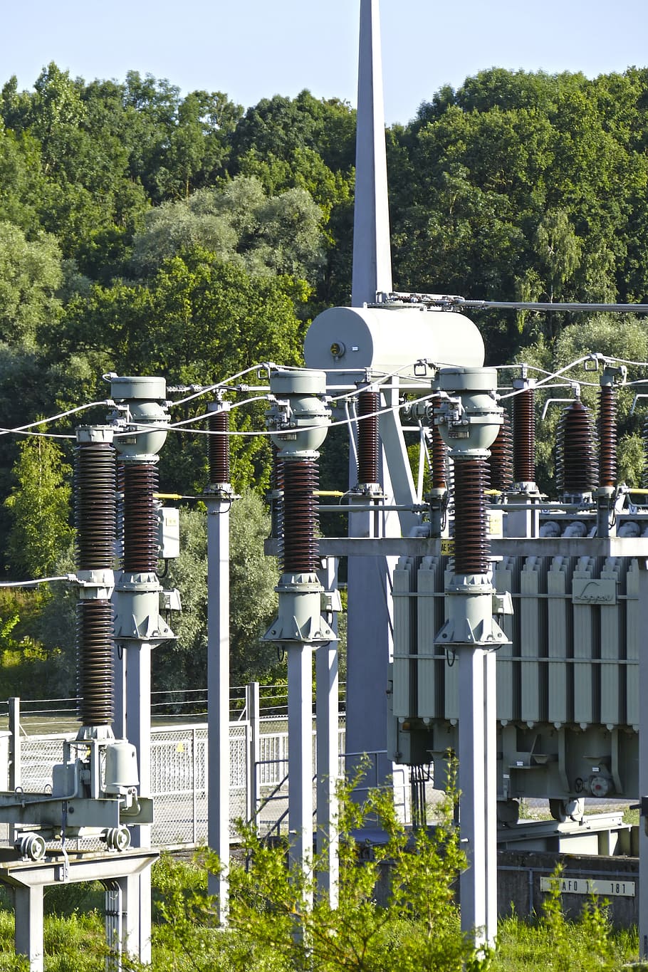 transformer, current, electricity, plant, tree, nature, day HD wallpaper