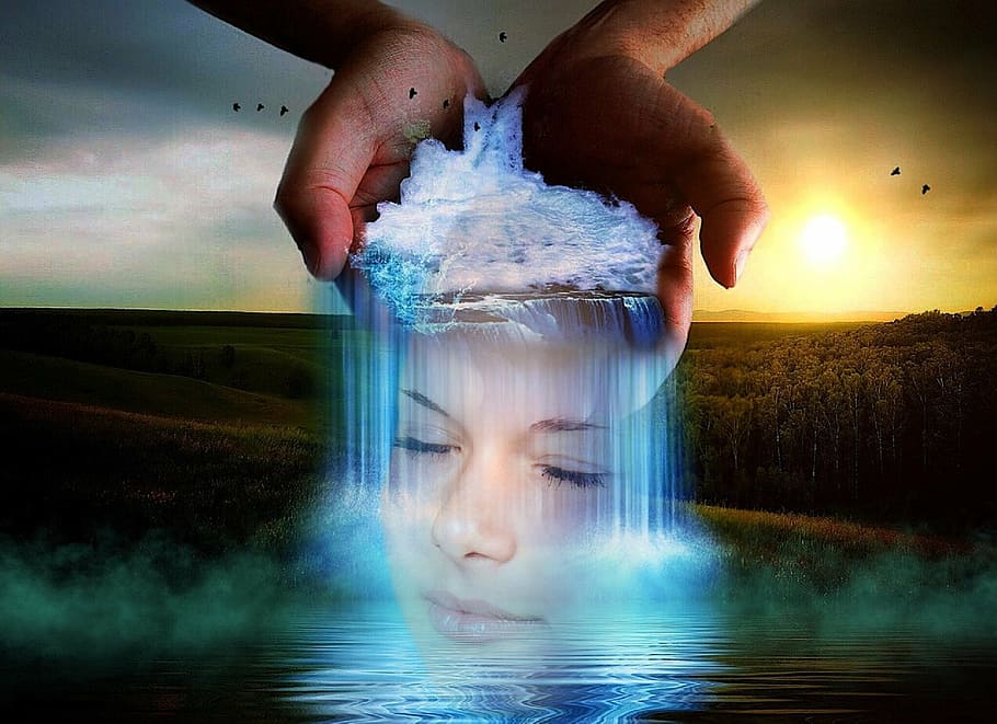 woman's face portrait in reflection of hand waterfalls golden hour photo illustration HD wallpaper