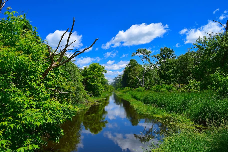 River, Clouds, Reflection, Water, sky, blue, nature, landscape HD wallpaper