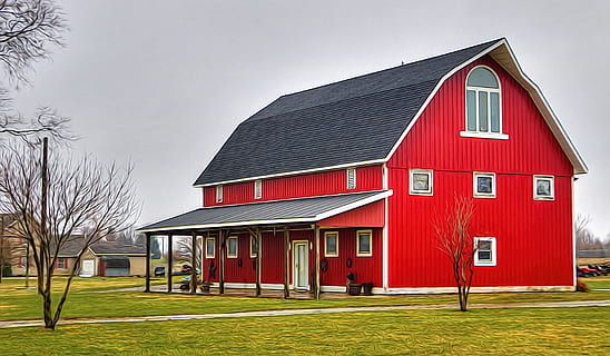 red and white house, barn, rustic, barns, ohio, digital art HD wallpaper