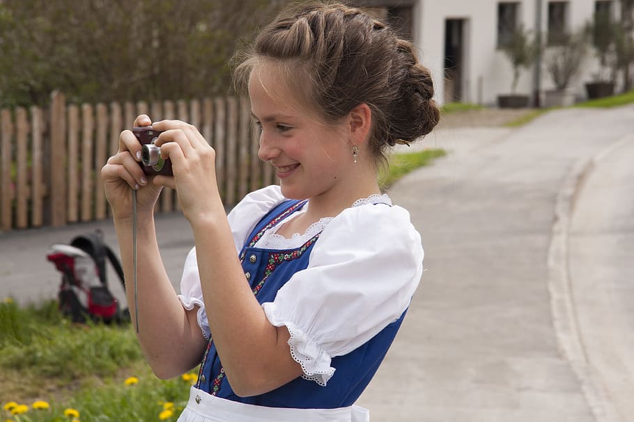 woman using black camera, girl, smiling, hairstyles, plait, woven