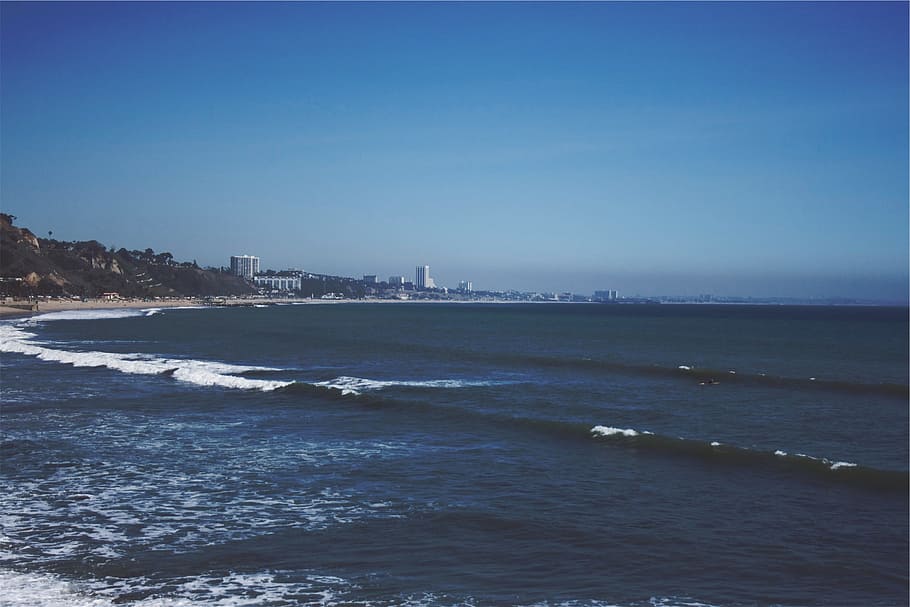 beach, waves, ocean, sea, water, blue, sky, copy space, clear sky HD wallpaper