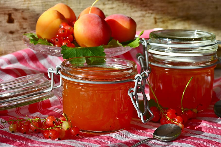 two clear glass canister with liquid inside, jam, apricots, cook, HD wallpaper