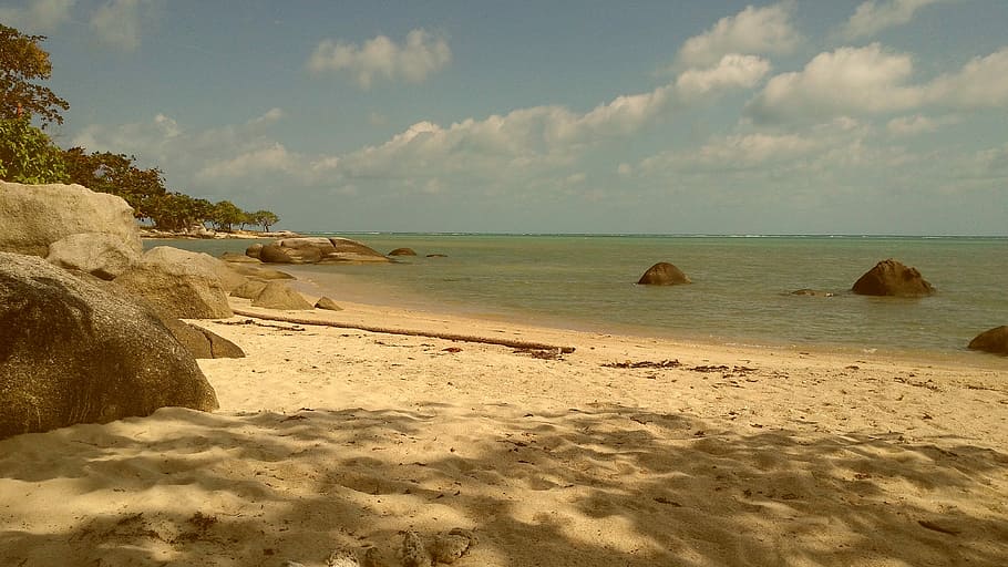 Sand, Beach, Clouds, Sea, Nature, sky, holiday, stones, tracks in the sand HD wallpaper