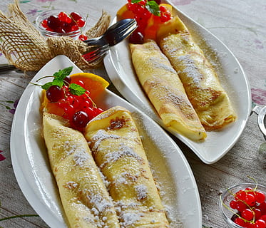twp plates of spring rolls, pancakes, crepe, egg, milk, flour HD wallpaper
