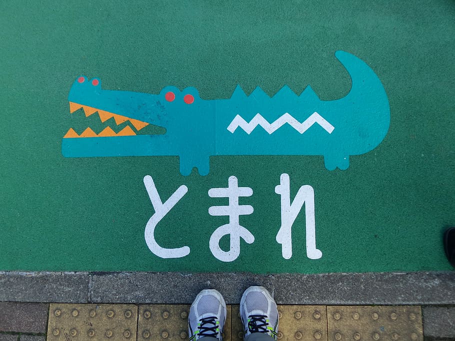 Pavement, Crocodile, Drawing, Stop, Sign, japan, text, communication