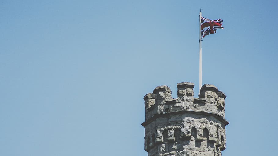 flag of United Kingdom, gray castle with England flag, United Kingdom flag HD wallpaper