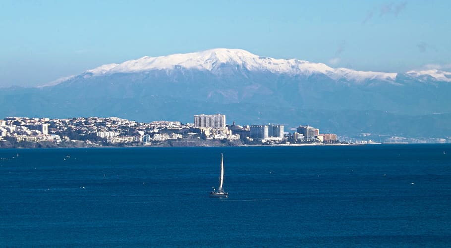 mount, malaga, sea, boat, snowy, spain, tourism, landscape, HD wallpaper