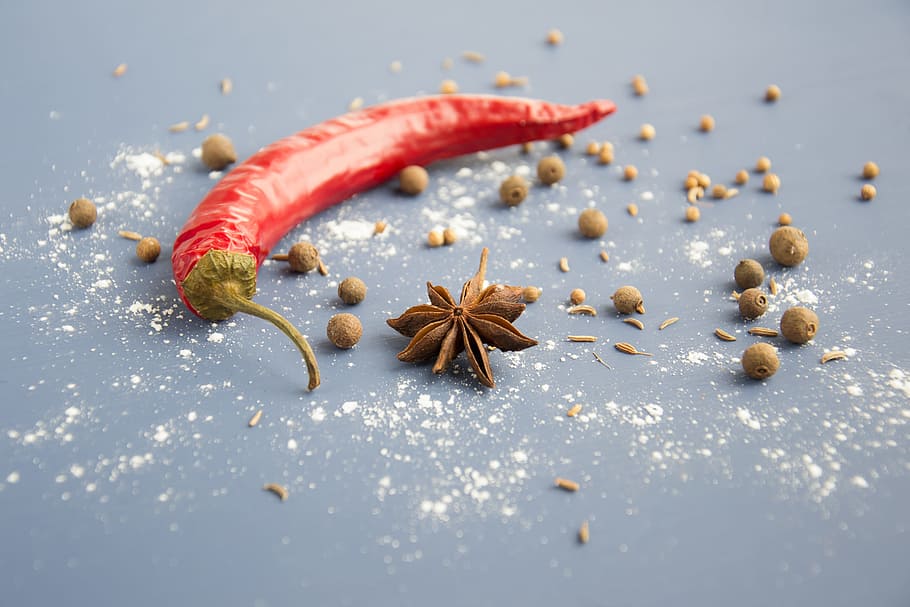 red chili beside star anise, Spices, Pepper, Sprockets, ingredients HD wallpaper