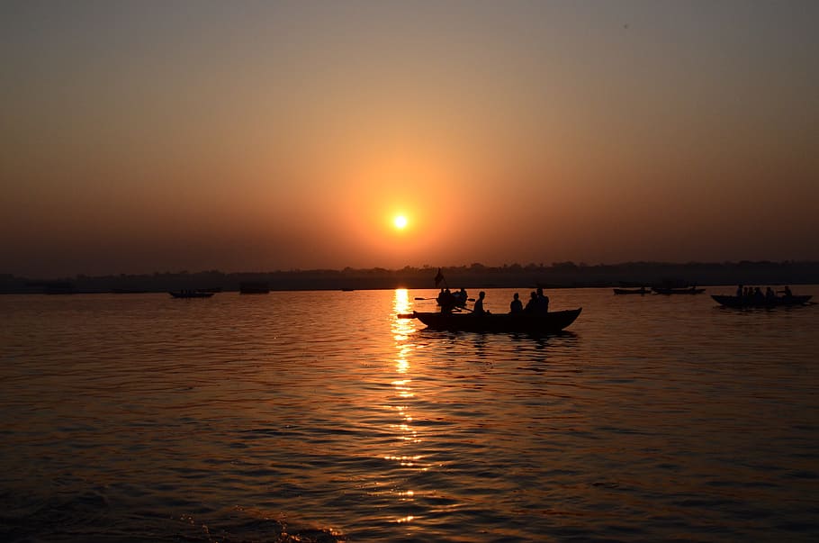 silhouette photo of boat on body of water, varanasi, ganges, holy, HD wallpaper