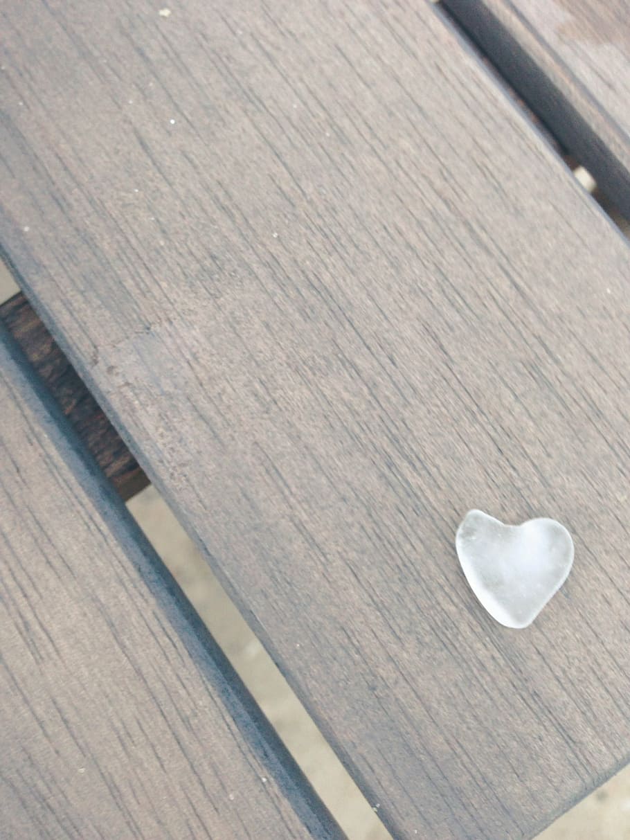 white crystal on top of brown table, heart, shape, clear, stone HD wallpaper