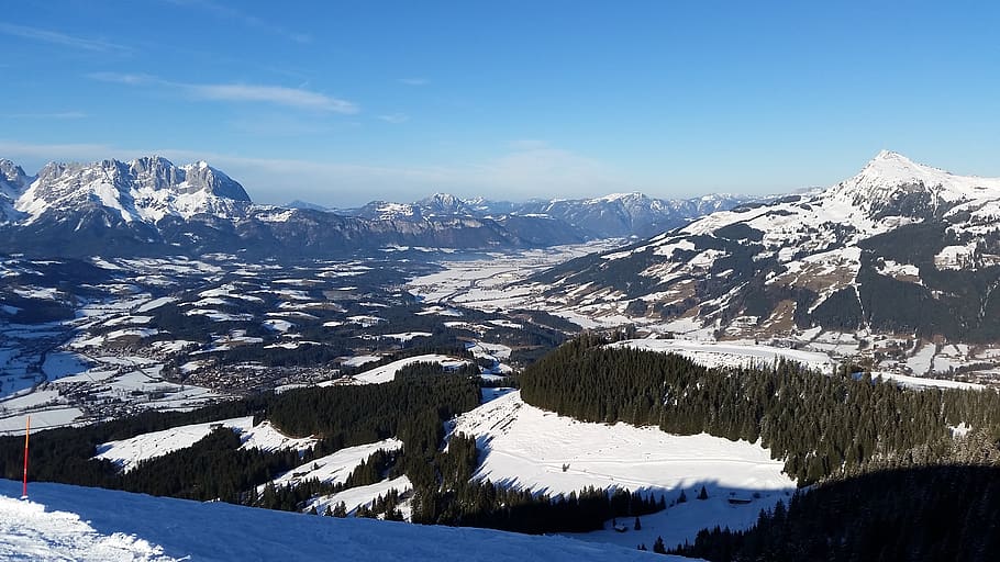 mountains, alpine, kitzbühel, sun, snow, winter, cold temperature, HD wallpaper