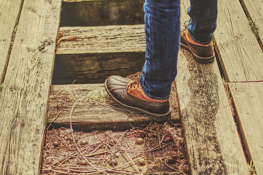 journey, person wearing pair of brown shoes, people, jeans, human Leg